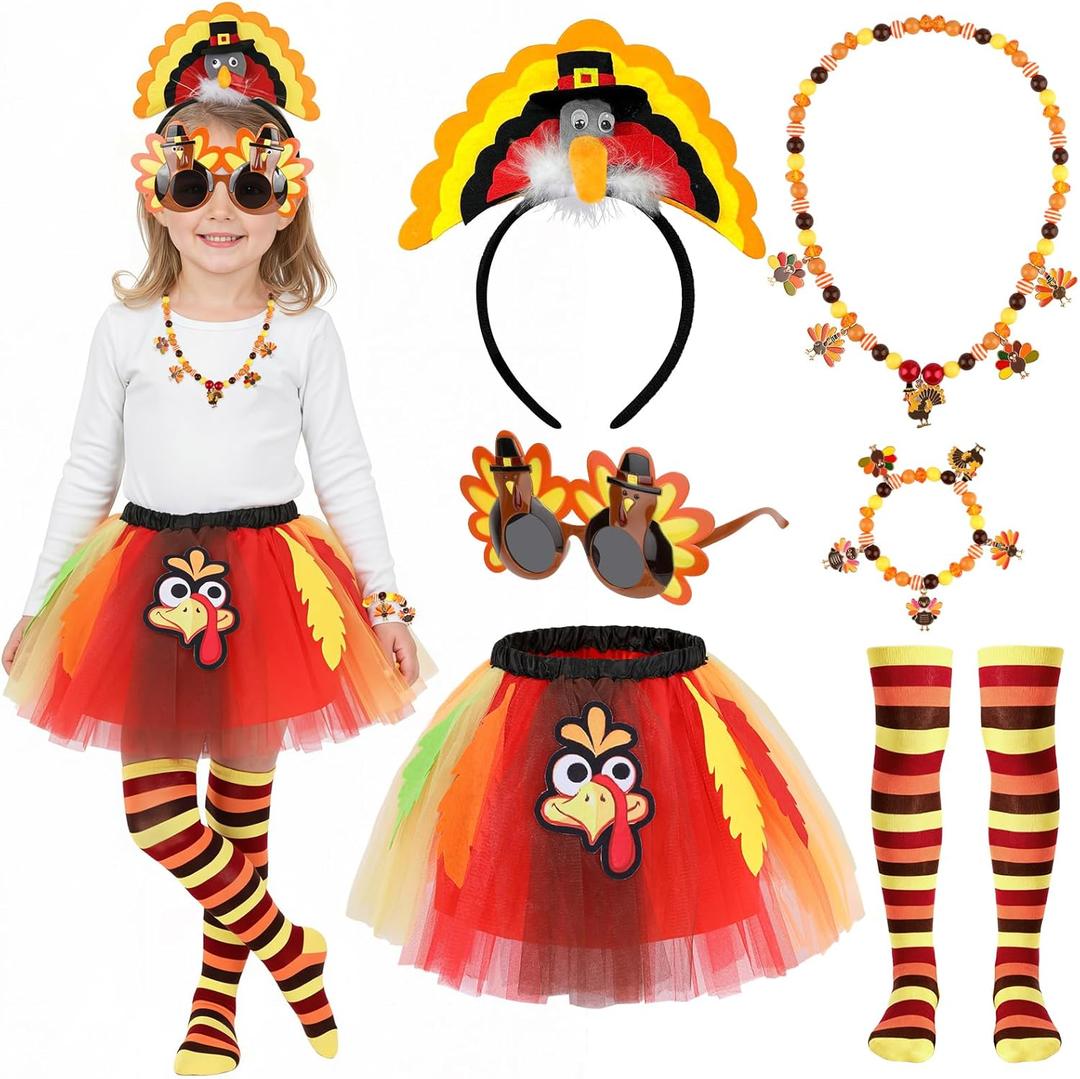 6pcs Turkey Costume Women Girls, Turkey Trot Gear with Turkey Tutu Glasses Socks, Thanksgiving Headbands Necklace (Kids)