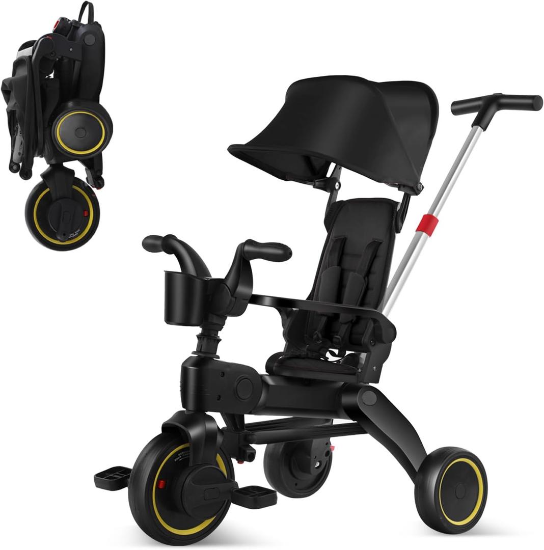 5-in-1 Compact, Foldable Tricycle - Suitable for Toddlers 10 to 36 Months Push Tricycle Bike for Toddlers with Removable Handle Seat Adjustable Canopy for Kids (Black)