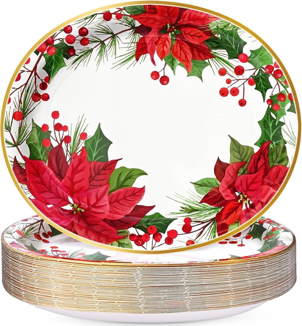 Homlouue 50 PCS Christmas Oval Paper Plates, 12" x 10" Christmas Plates Disposable, Poinsettia Themed Holiday Paper Plate, Heavy Duty Party Plate for Holiday Dinner Gathering Xmas Party Decoration
