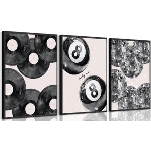 3Pcs Trendy Black White Canvas Wall Art Lucky 8 Ball Wall Decor Pictures Disco Ball Poster Prints Record Painting Artwork for Dormitory Bedroom Living room Preppy Decoration 12x16in No frame (16L"x12W")