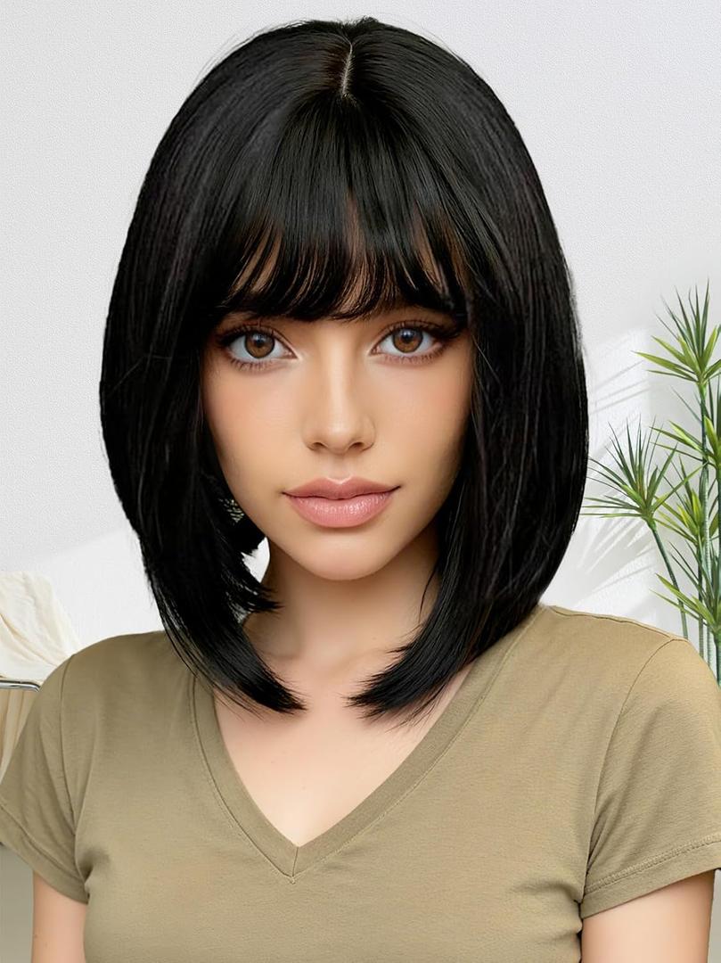 Mairead Black Bob Wig With Bangs Short Straight Black Bob Wigs for Black Women 12 inch SyntheticHeat Resistant Wigs for Halloween Costumes Cosplay Daily