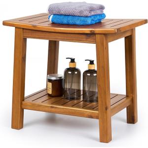 Upolana Teak Shower Bench, 20" Solid Wood Shower Stool Waterproof Shower Seat with Storage Shelf for Bathroom, Indoor & Outdoor Use