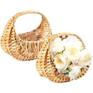 2 PCS Handwoven Flower Baskets,Half-moon Straw Rattan Basket,Hand-Held Flower Arrangement Basket,Retro Storage Container for Home Decor Photo Props