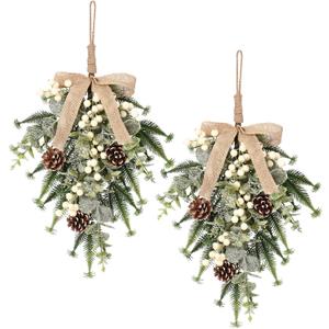 SY Super Bang 2PCS Christmas Decorations, 19Inch Artificial White Berry Front Door/Fireplace Hanging Decorations Include Linen Bow Green Plant, for Home Holiday Wall Party Xmas Decor.