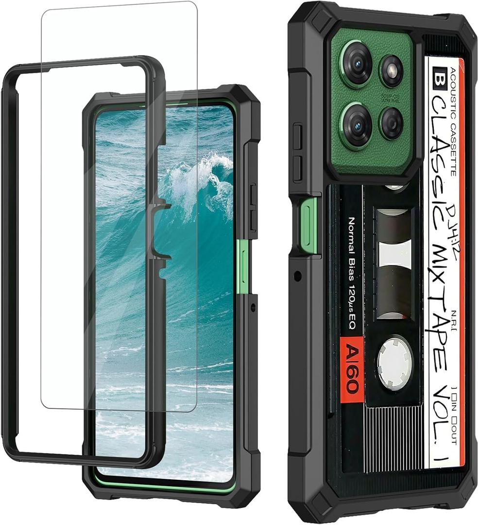 for Motorola Moto G Stylus 5G 2025 Phone Case with Tempered Glass Screen Protector Dual Layer Heavy Duty Shockproof Soft TPU Hard PC Protective Cover Case for Woemn Men, Retro Audio Cassette