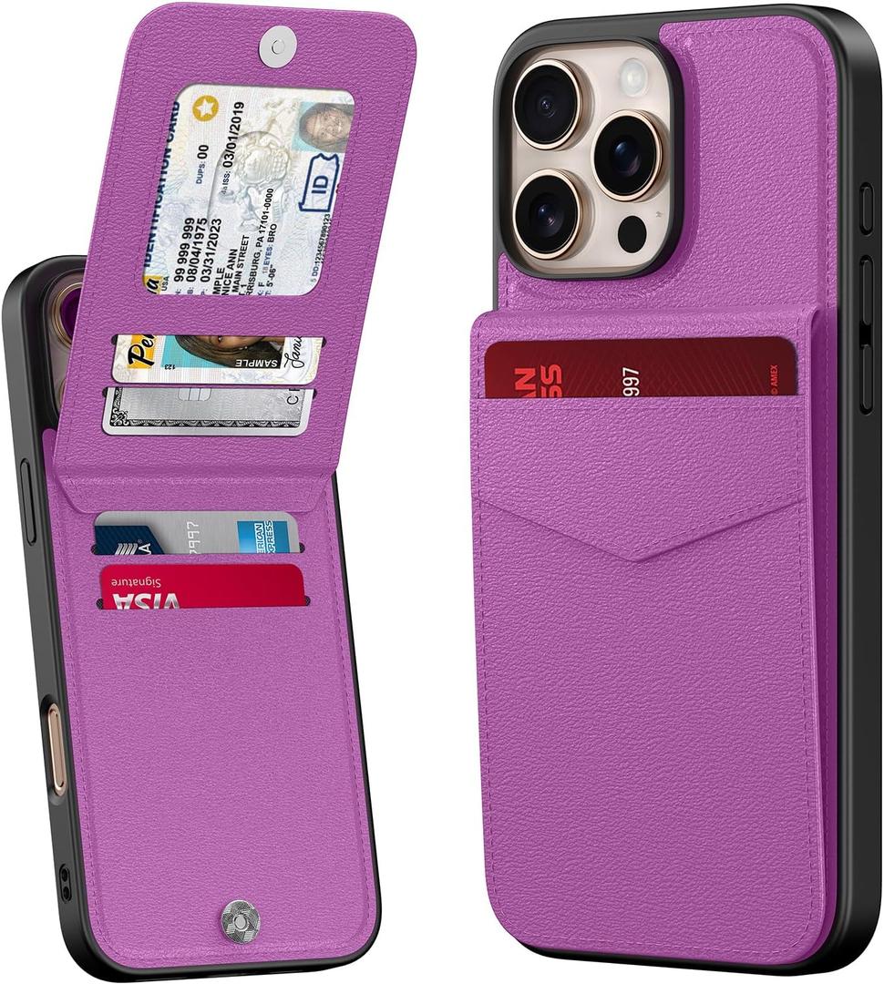 Bemal for iPhone 16 Pro Wallet Case, Built-in Card Holder, RFID Blocking, PU Leather Kickstand, Magnetic Closure, Durable Shockproof Phone Cover for Women and Men, Violet