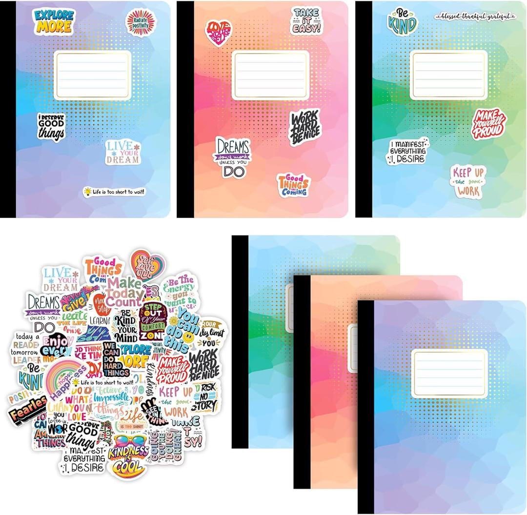 Jainzy Composition Notebooks, 3 Pack with 50 Motivational Stickers,College Ruled, 9.7 x 7.5 inches, 140 Pages, Gold Foil Details