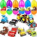 12 Pack 3" Large Filled Easter Eggs with Stem Toy Cars Kids Easter Basket Essential Plastic Surprise Egg Building Blocks 6 in 1 Transform Construction Vehicle Basket Stuffers Boy Egg Hunt Party Favor