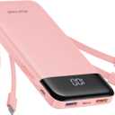 Portable Charger with Built in Cables, Portable Charger with Cords Wires Slim 10000mAh Travel Battery Pack 6 Outputs 3 Inputs 3A Fast Charging Power Bank for Samsung Google Pixel LG Moto iPhone iPad (DustyPink)