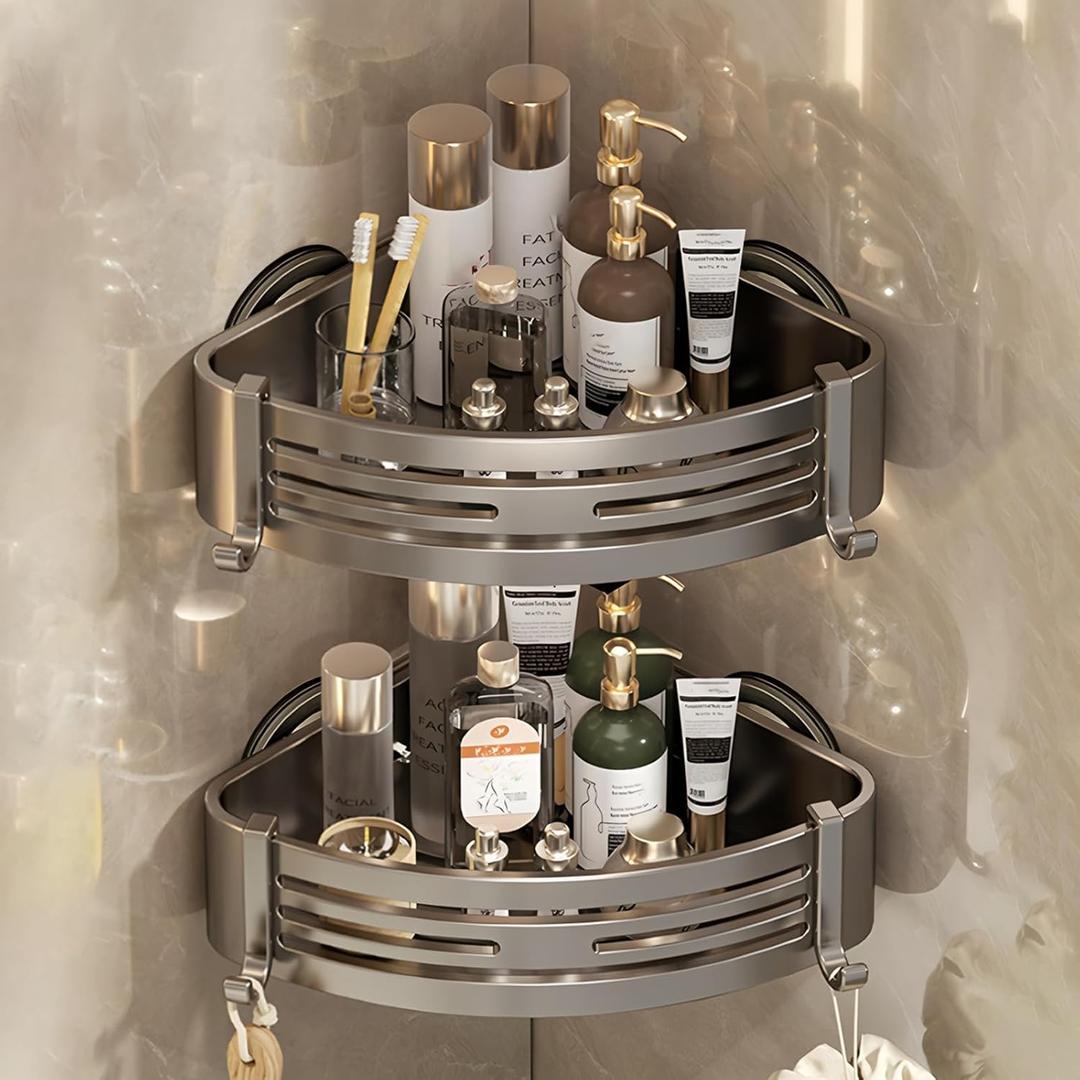 Corner Shower Caddy Suction Cup, Shower Shelves with Hooks, No Drilling Powerful Suction Bathroom Organizers and Storage, Removable Waterproof Rustproof Shower Bathroom Accessories Decor(Grey 2Pack)
