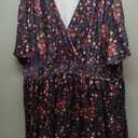 CARCOS Plus Size Dresses for Curvy Women V Neck Summer Maxi Dress Short Sleeve Floral Boho Dress Smocked Waist Beach Dress (Blue, 5XL)