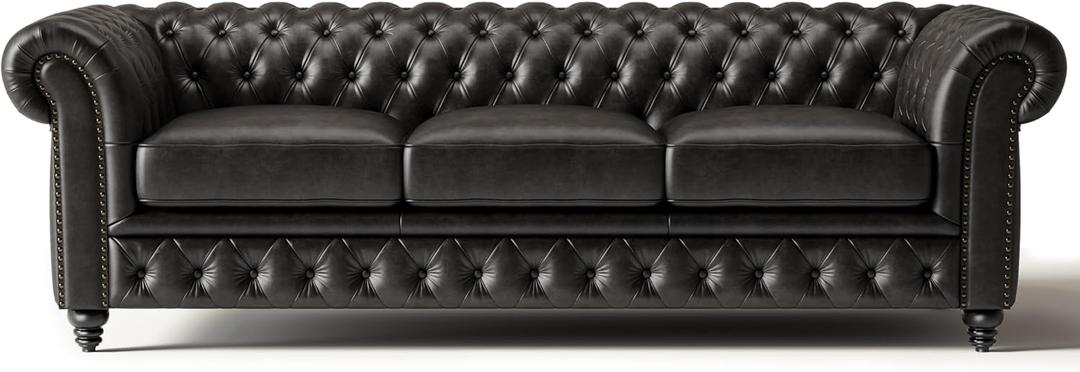 Valencia Parma 92" Leather Chesterfield Sofa | Full-Aniline 3 Seats Italian Leather Couch | Artisan Crafted Nailheads | Mid Century Classic Design - Leather Sofa, Black