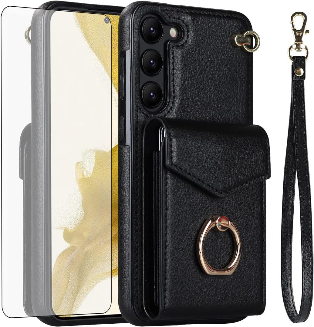 Asuwish Phone Case for Samsung Galaxy S23 Plus 5G Wallet Cover with Tempered Glass Screen Protector and Ring Credit Card Holder Leather Cell Accessories S23+5G S23plus 23S + S 23 23+ Women Men Black