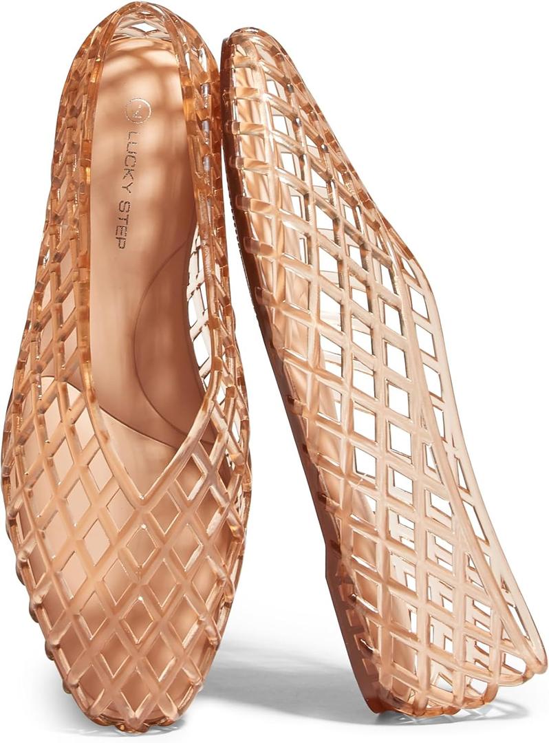 LUCKY STEP Women's Jelly Ballet Flats Mesh Casual Comfortable Jellies Shoes Clear Hollow Breathable Sandals (8, Beige)