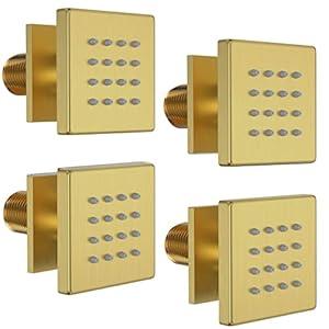 Shower Body Spray Jets, Bostingner Brass Square Shower Body Sprayer Spa Massage Showerhead Wall Mount Nozzles NPT 1/ 2”-4PCS (Brushed Gold)