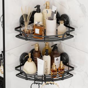 LEVERLOC 2 Pack Strong Suction Cup Corner Shower Caddy, Large Capacity Removable Bathroom Organizer, Stainless Steel Rustproof Shower Shelves with Hook, Drill-Free Wall Mounted Suction Basket, Black