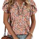 KISSMODA Women's Tunic Tops Casual V Neck Short Sleeve T Shirts Summer Puff Sleeve Ruffle Blouses (Pink, S)