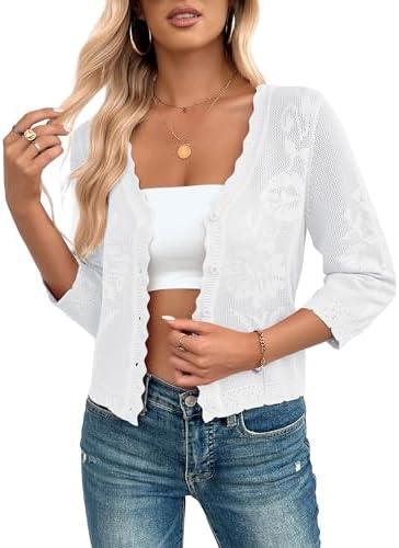 Kate Kasin Women's Cropped Cardigan Sweaters Trendy Lightweight 3/4 Sleeve Button Down Crochet Textured Shrugs Top, Small