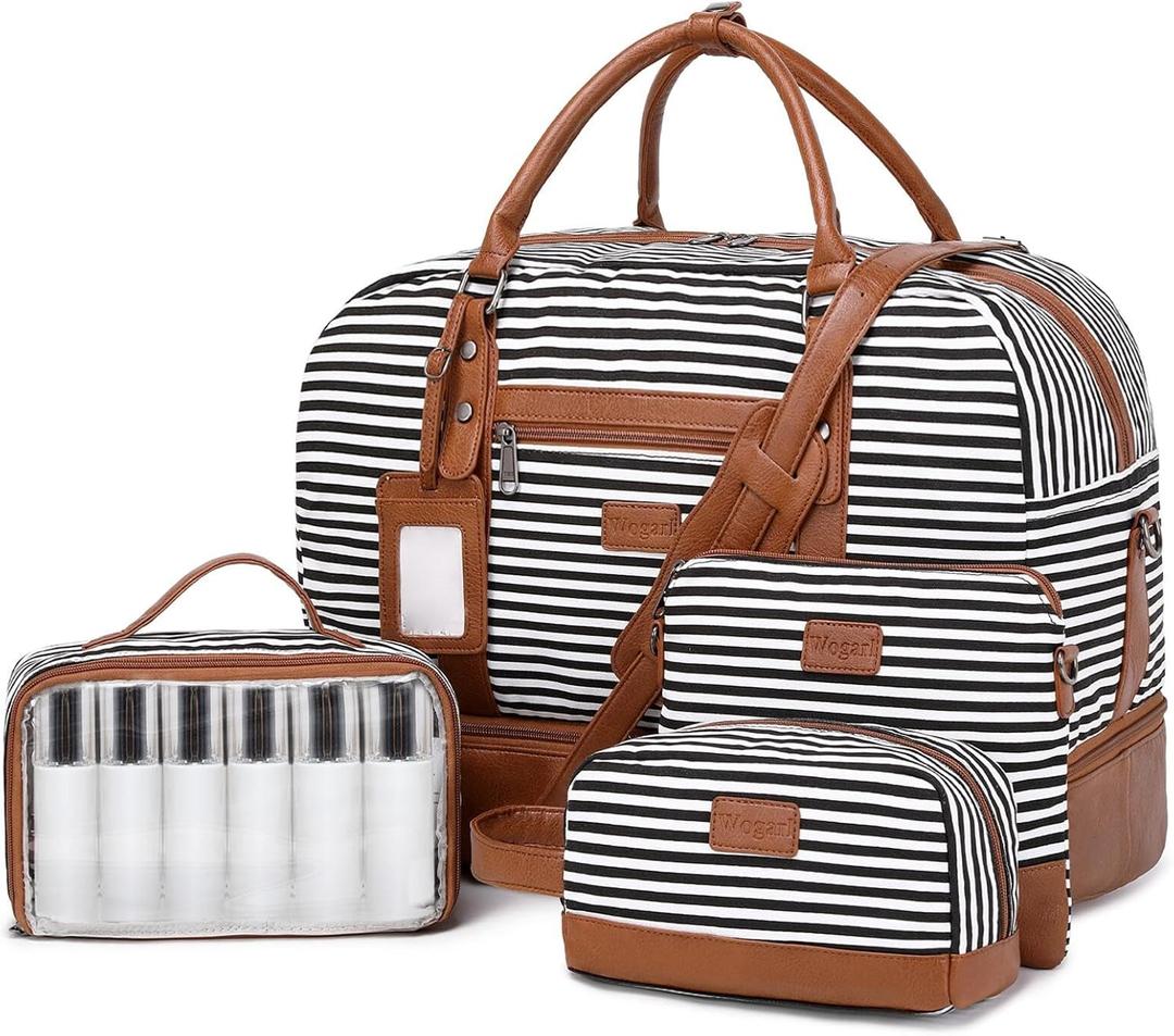 Wogarl 4PCS Weekender Bags for Women Large Overnight Weekend Travel Duffel Carry on Shoulder with Shoe Compartment Canvas Toiletry Bag for Travel Business Gym (Black White Stripe)