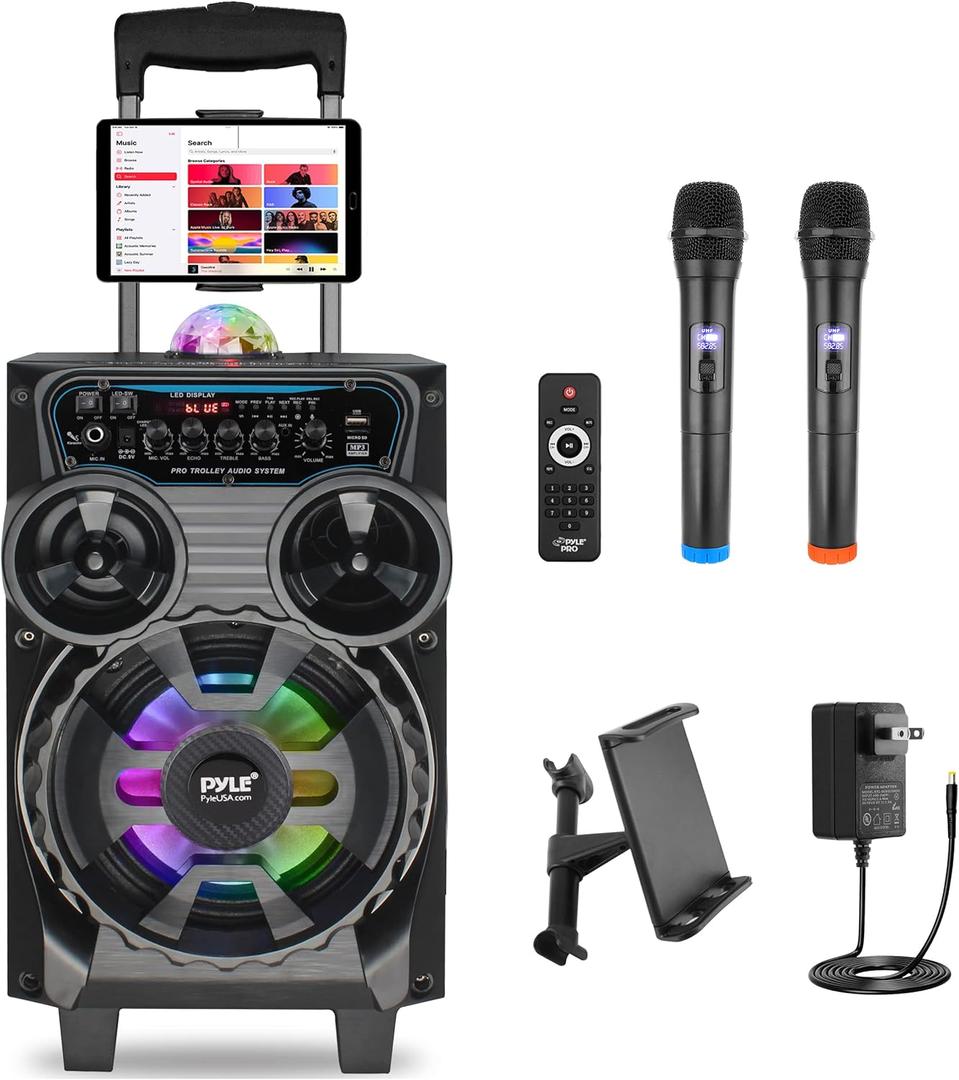 Pyle Portable Bluetooth PA Speaker - 580W 8 Rechargeable Outdoor BT Karaoke Audio System - TWS, Disco Party Lights, LED Display, FM/AUX/MP3/USB/SD, 6.5mm in, Trolley, Wheels - Wireless Mic, Remote (New Black)