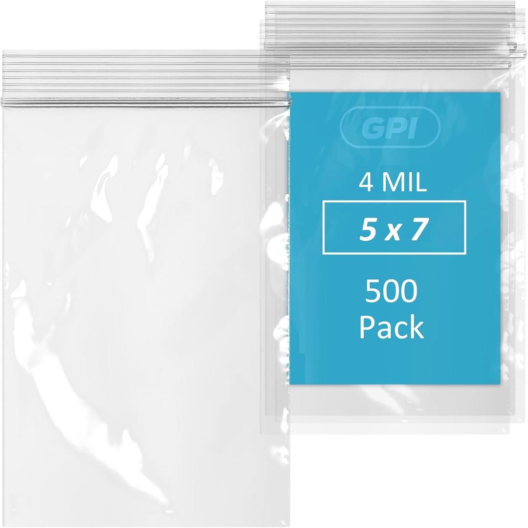 GPI - 500 Count 5" X 7" Zip Bags, Heavy-Duty 4 Mil Thick, Clear Reclosable Zipper Poly Baggies With Resealable Zip Top Lock For Storage & Packaging, Food, Tools, Sharp Objects, etc.