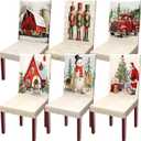 Vintage Christmas Chair Covers Set of 6  Rustic Farmhouse Holiday Slipcovers with Santa, Snowman, Red Truck, Nutcracker & Cottage Designs for Dining Room, Kitchen, Party Decor