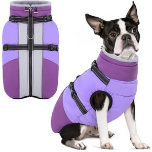 SUNFURA Dog Winter Coat, Warm Dog Coat with Harness for Medium Dogs Boys Girls, Reflective Fleece Lined Pet Winter Jacket Snowsuit for Pug, Jack Russel, Schnauzer, Purple M
