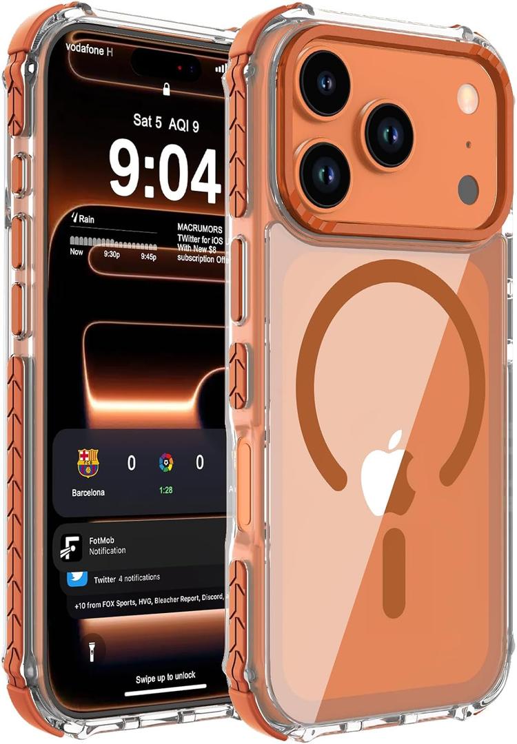DEERLAMN Strong Magnetic Case for iPhone 17 Pro 6.3-Inch,[Compatible with Magsafe][Military Grade Drop Protection] Clear Slim Shockproof Protective Phone Cover-Transparent+Orange