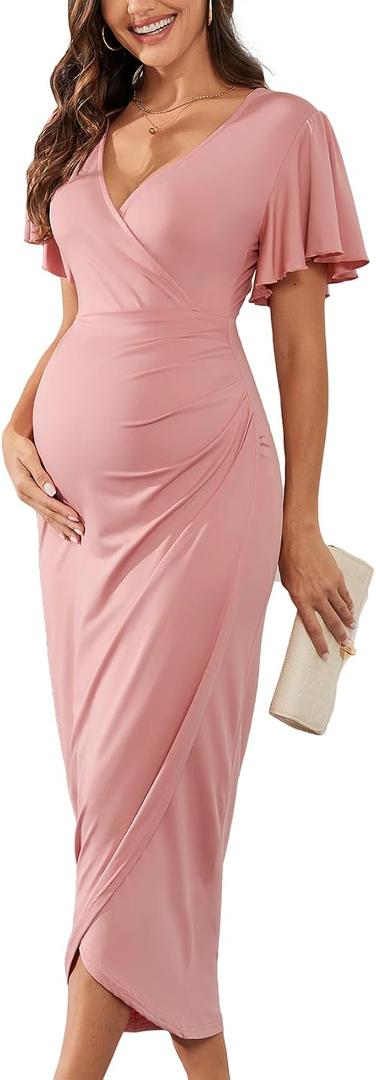 AISWI 2025 Womens Maternity Wrap Dress V Neck Ruffle Sleeves Semi Formal Baby Shower Photoshoot Party Cocktail Pregnancy (Pink, S)