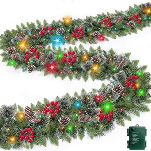 TURNMEON 9 Ft Prelit Artificial Christmas Garland Decor Timer 50 Lights 8 Modes Berry Snowy Bristle Pinecone Battery Operated Xmas Christmas Decoration Mantle Fireplace Home Indoor Outdoor