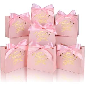 Small Thank You Gift Bags - 60 Pack, 4.5x1.8x3.9in Gold Foil Printed with Bow Ribbon, Mini Candy Treat Bags for Birthday Wedding Party Holiday (Pink)