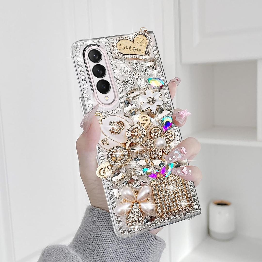 Omio for Galaxy Z Fold 3 5G Case, Luxury 3D Handmade Sparkle Rhinestone Iron Tower Pendant Pumpkin Car Flowers Crystal Diamond Bling Glitter Hard PC Cover for Women Girls, White