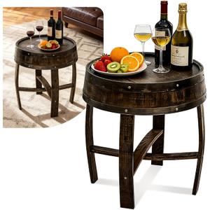 Solid Oak Whiskey Barrel Side Table (24″×22″), Rustic Round End Coffee Table for Home Bar & Game Room Decor, Handcrafted Solid Wood Furniture for Living Room Sofa, Easy Assembly