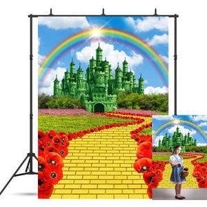 5X7FT Green Castle Backdrop Yellow Brick Road Party Decorations Background for Kids Adult Birthday Floral Rainbow Princess Wonderland Photography Banner