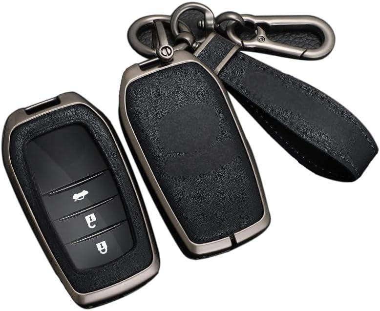 RYE Key Fob Cover for Toyota, Leather+Zinc Alloy Key Fob Case for 2025 Camry, 2021-2025 Venza, Grand Highlander Hilux, Fortuner, 2022-2025 Tundra Tacoma Remote Key (Black, Come with Keychain)