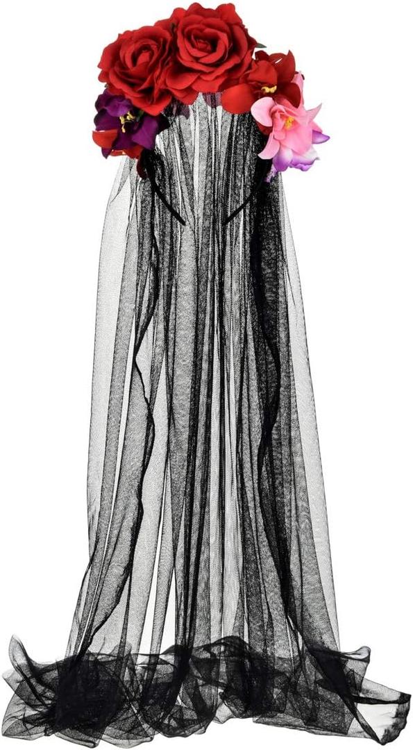 Merroyal Women's Dia de los Muertos Rose Flower Costume Headpiece Halloween Day of The Dead Costume Headband (Black)