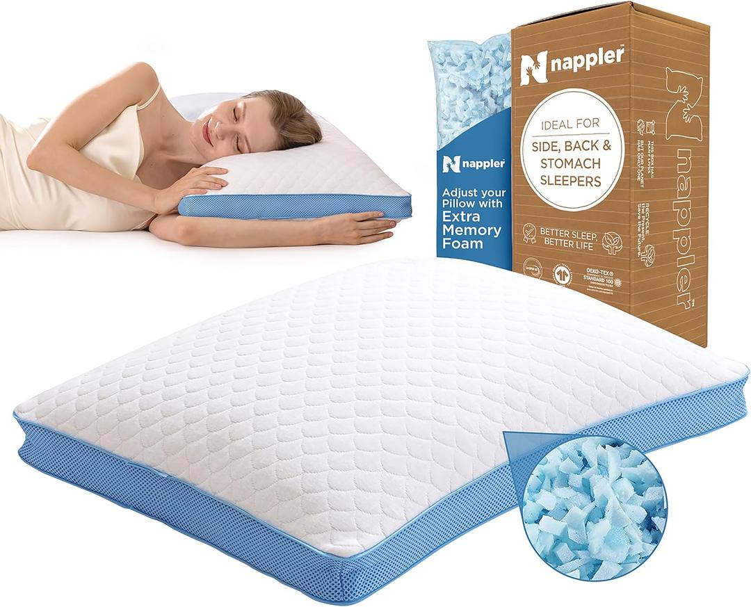 Side and Back Sleeper Pillow for Neck and Shoulder Pain Relief - Shredded Memory Foam Bed Pillow for Sleeping - 100% Adjustable Fill - Queen Size - Modal Washable Case. Extra Fill Included