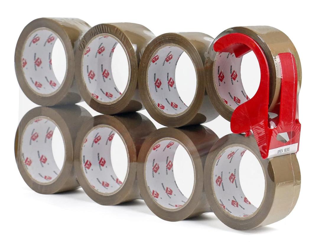 BOMEI PACK Heavy Duty Brown Packing Tape with Dispenser, 2.6 mil, 1.88 inch x 55 Yards 8 Pack, Ultra Strong, Refill for Industrial Shipping Box Packaging Tape for Moving, Office, & Storage