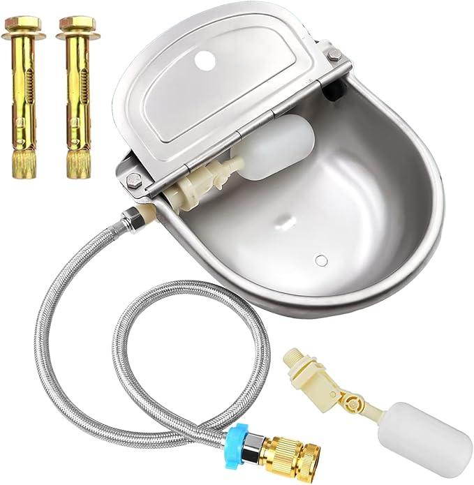 Automatic Animal Water Bowl with Float Valve, 304 Stainless Steel Livestock Water Dispenser for Dog Horse Goat Pig Cow Livestock Water Bowl Kit Includ Pipe Hose, Quick Connecter, Expansion Bolt
