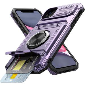 Vofolen for iPhone 11 Wallet Case with Card Holder [Store 2 Cards] + 360 Rotated Ring Stand Kickstand Dual Layer Heavy Duty Shockproof Wallet Phone Case for iPhone 11 for Women Men, 6.1 Inch Purple