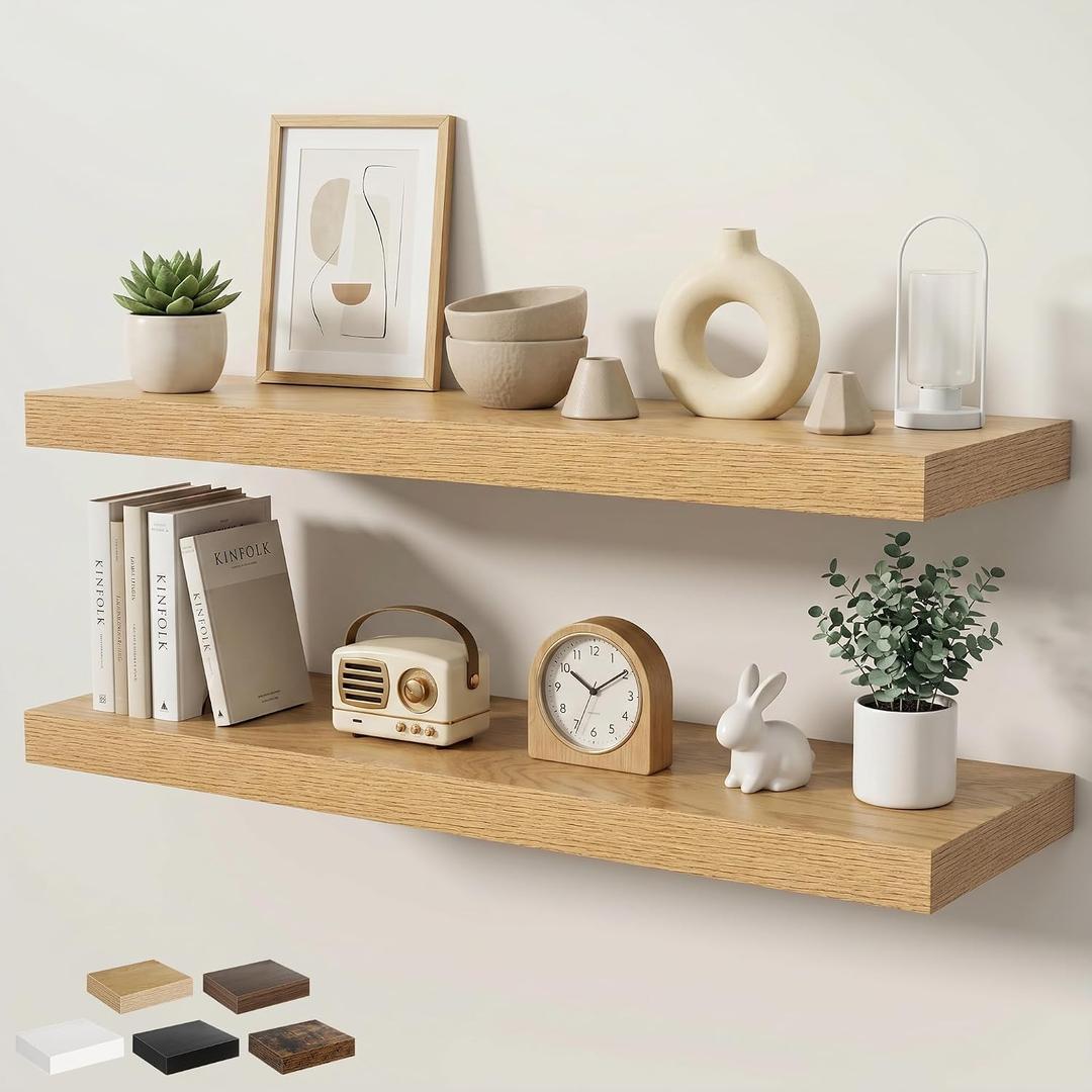 Floating Shelves for Wall 40 in x 9.3 in Deep, Wall Mounted Rustic Wood Shelf with Invisible Brackets for Storage & Display, Living Room Bedroom Bathroom, Oak, 2 Pack