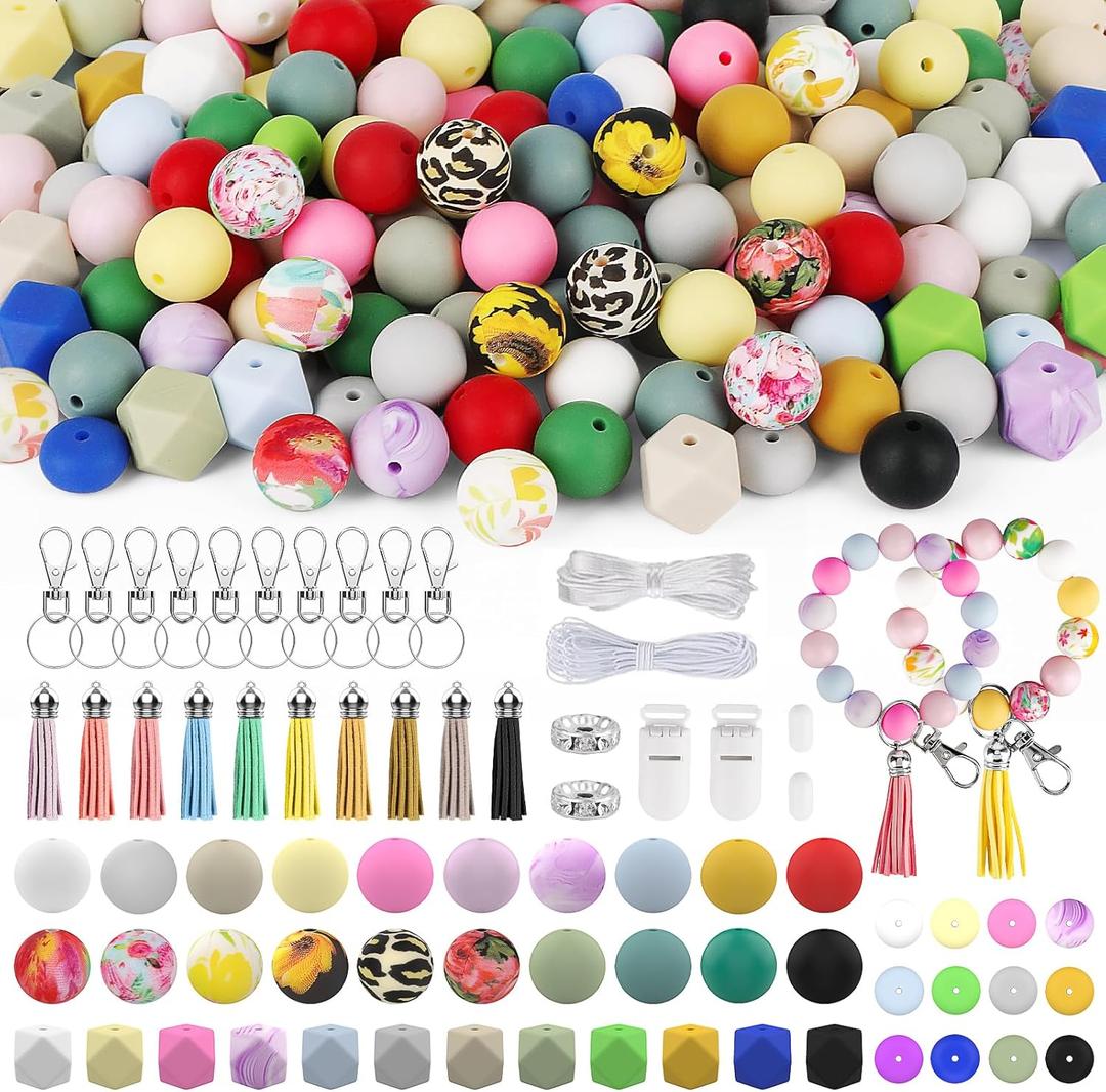 Skalamio 246Pcs Silicone Beads, 15mm Beads for Keychain Making, Multiple Styles Silicone Beads Bulk, Floral Printed Rubber Beads for Keychains Necklace Bracelet Lanyard Making