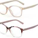 SKYOAK 2 Pack Vibrant Progressive Multifocus Reading Glasses Women, Stylish Spring Hinge Multifocal Readers, Lightweight Anti Blue Light Computer Eyeglasses for Near Range (Pink & Tortoise, 1.25x)