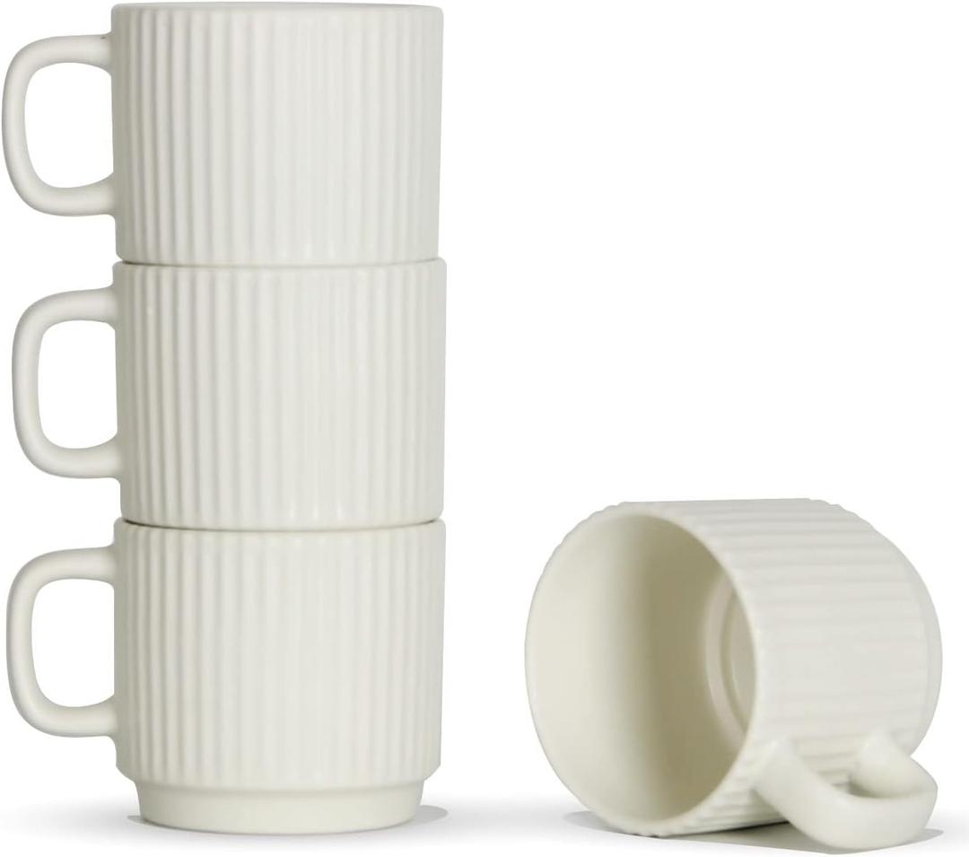 Stackable Coffee Mugs Set of 4, 7 OZ Espresso Ceramics Cups for Latte Cappuccino Cocoa with Handle, Beige (White)
