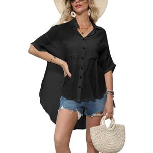 Kumufenc Womens Swimsuit Cover Up Summer Bathing Suit Coverup Gauze Button Down Short Sleeve Shirts(Black,XL)