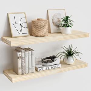 Vivelove Natural Wood Floating Shelves 24, 8 inch Deep Floating Shelf with Invisible Brackets, Unfinished Wall Shelves for Bathroom, Living Room, Kitchen, Bedroom, Home Decor, Set of 2 - Natural