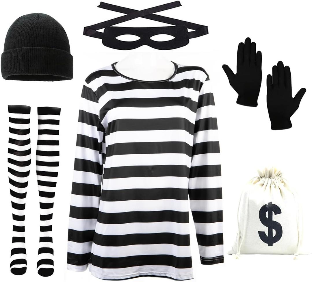 Women's Robber Costume Set Halloween Cosplay Costumes Thief Accessories Black and White Striped T-shirt (Large)