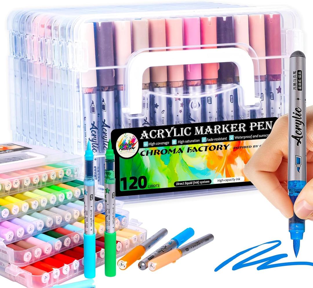 CHROMA FACTORY Acrylic Paint Marker Brush Tip, 120 Colors, Automatic Ink Control System, Premium Acrylic Paint Pens For Canvas, Rock Painting, Glass, Clothing, Shells, Ceramic Surfaces, DIY Crafts