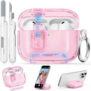 for AirPods Pro 3 Clear Case 2025 with Secure Lock, Soft TPU Transparent Case Cover for Apple AirPods Pro 3rd Generation with Phone Stand & Cleaning Kit for Women Men with Keychain,Clear Pink