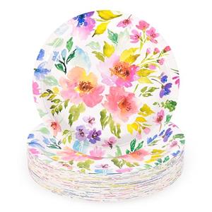 Elyxio 48Pcs Floral Paper Plates Spring Summer Flowers Disposable Party Dessert Plate 7" Watercolor Purple Pink Bouquet Meadow Plates for Birthday Wedding Baby Bridal Shower Party Supplies (48)